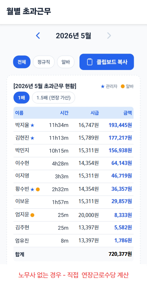 월별 연장근무 직접 계산