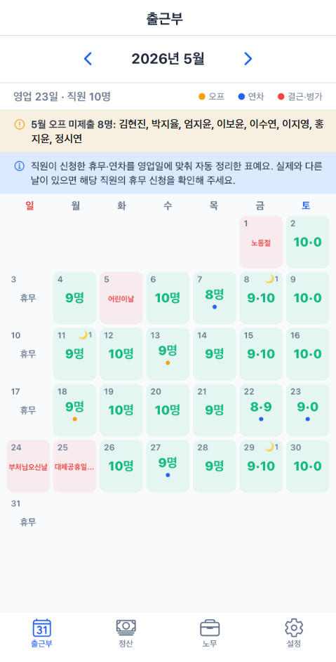 원장 출근부 달력